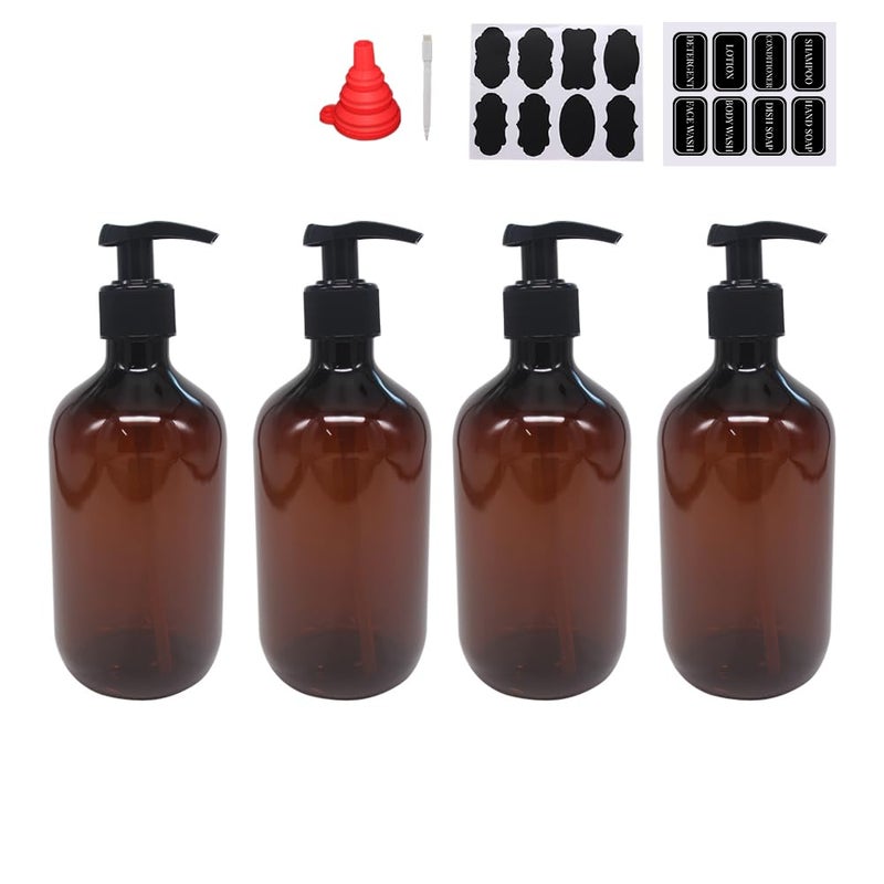 zmybcpack 4 Pack 16 OZ Empty Plastic Pump Lotion Bottles with 1 Pen, Labels & Silicone Funnel, Amber Color Lotion Dispenser With Locking Pump for Body Wash, Shampoo, Massage Lotion, Gel - Image 1